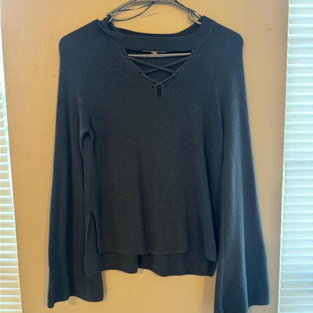 Dark Blue Knit Sweater with Crisscross Neckline
